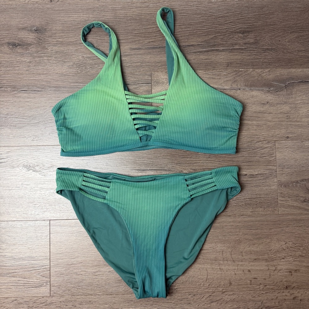 Women's Green Ombre Ribbed Strappy Bikini Set